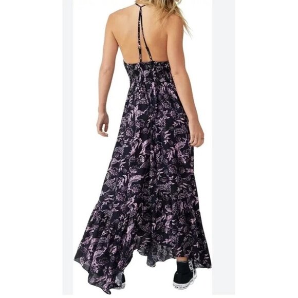 Free People Heat Wave Maxi Dress Black Purple Smocked Floral Print Size S/M - Picture 1 of 16